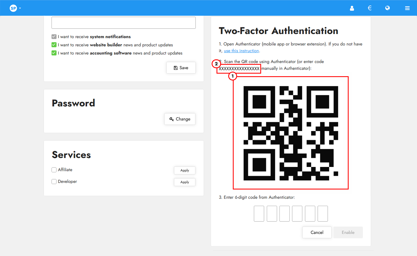 2FA QR code for authentication in Site.pro